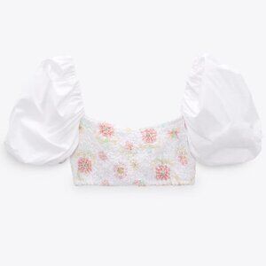 Zara White Flora Poplin Crop Top